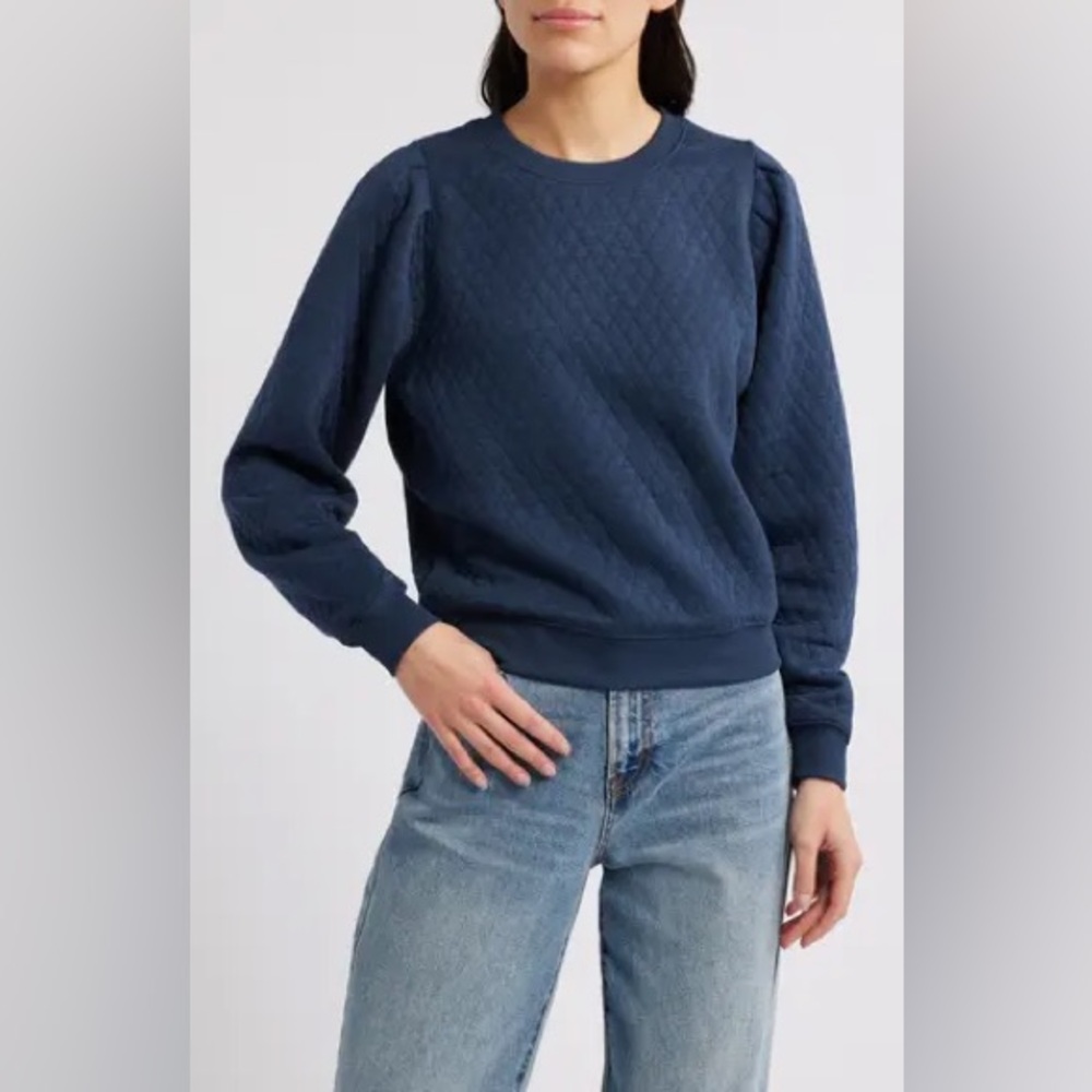 Marine Layer Womens Corbet Puff Sleeve Sweatshirt small Blue Quilted Embroidery